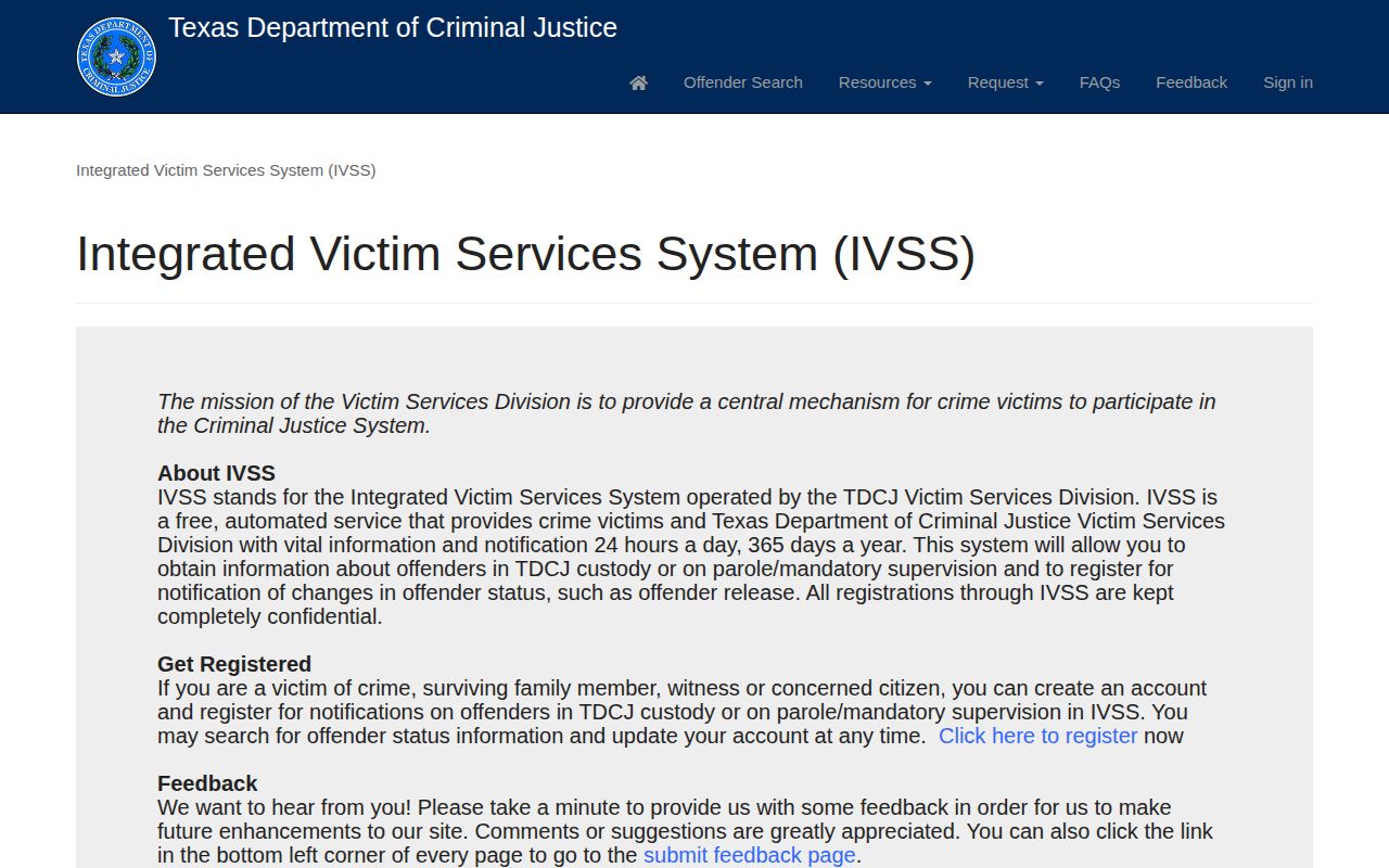 Dimmit County TDCJ IVSS custody and parole notification portal